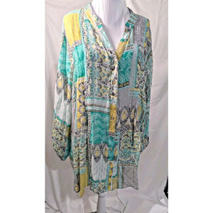 Ruby Rd Woman's Shirt Blouse Tunic Roll tabs Boho Geometric Peasant Plus Size 3X